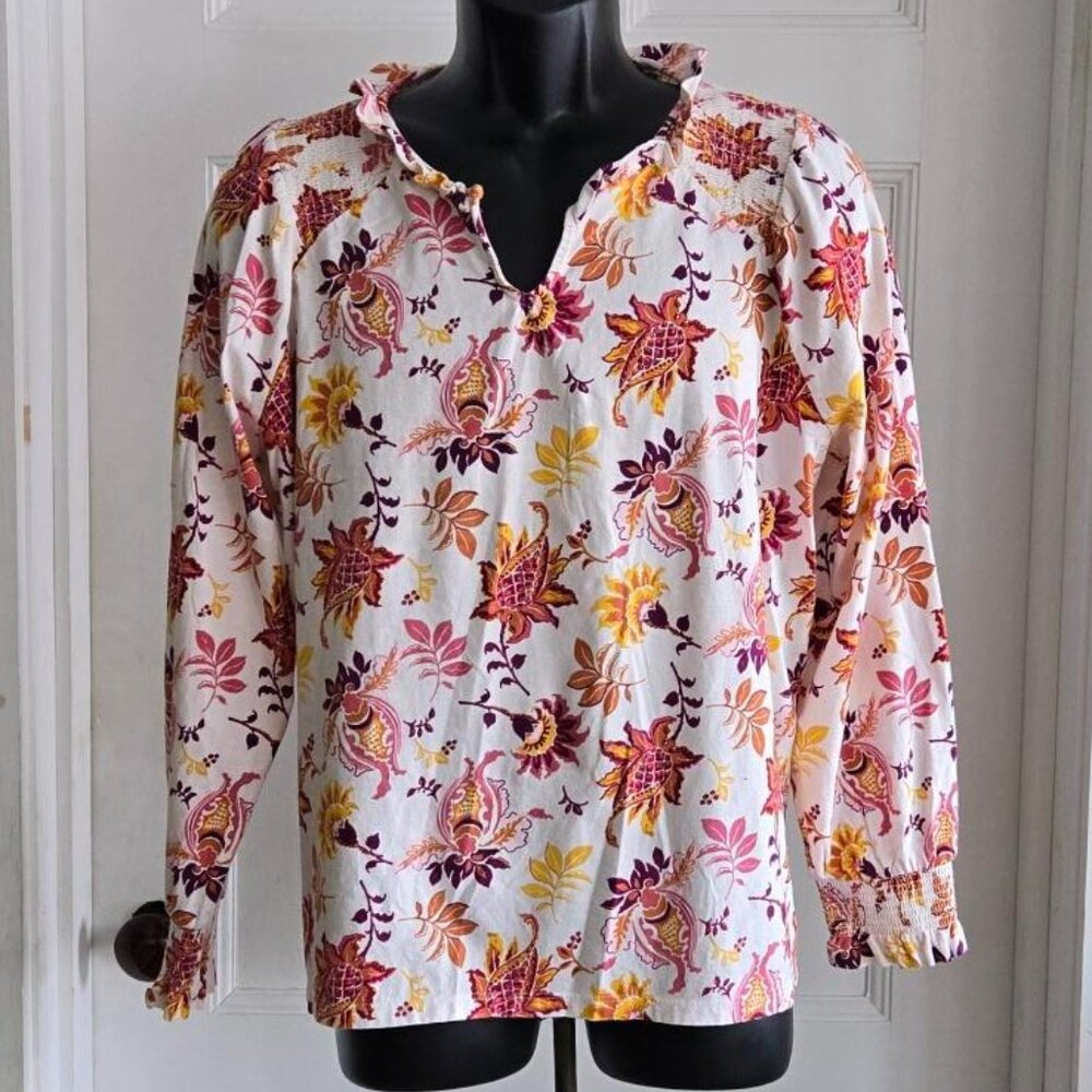 TALBOTS LONG SLEEVE FLORAL PULLOVER BLOUSE WOMEN'S SIZE L